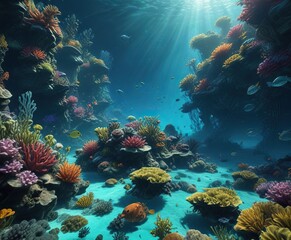 A serene underwater landscape with a sprawling oceanic ecosystem , marine life, turquoise, water