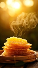 Cambodian rice cakes with a honey glaze, stacked on a bamboo tray, Southeast Asian dessert, crispy and sweet