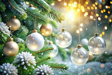 Obraz premium Charming holiday background featuring lush pine fir, white glass ornaments, and clear spheres, perfect for elegant Christmas and New Year greeting cards and festive banners.