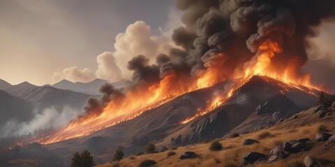 Fototapeta premium A wildfire fills the air with thick grey and orange smoke as it rages across a dry hillside, dusty terrain, forest fires, nature's fury