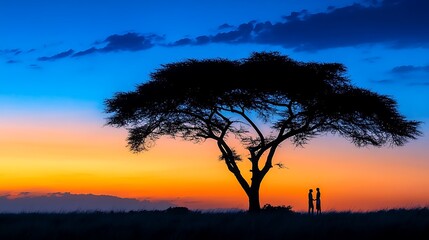 A silhouette of a couple standing under a large tree, with the sky transitioning from blue to orange as the sun sets behind them