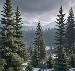 Fototapeta premium Dense spruce foliage in the foreground with a bleak winter background, wintry, barren land