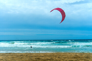 Amazing Playa de Cofete beach with endless horizon. Volcanic mountains and Atlantic Ocean. Cofete beach, Fuerteventura, Canary Islands, Spain.