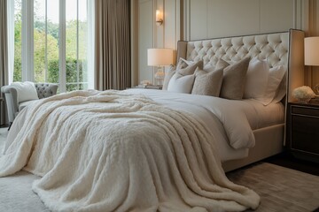 Fototapeta premium Cozy and inviting bedroom with natural light in a serene setting