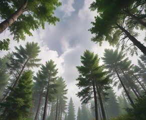 Fototapeta premium Overcast sky with tall trees and greenery in the foreground , nature, landscape, scenery