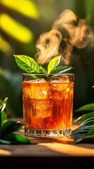 Indonesian teh botol, bottled sweet tea served over ice with a tropical backdrop, Southeast Asian beverage, classic and refreshing
