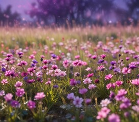 Obraz premium Purple and pink bokeh with scattered flowers in a field , delicate blooms, peaceful atmosphere
