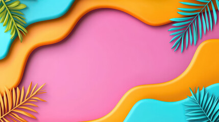 Obraz premium Vibrant gradient background with colorful waves and tropical leaves. Perfect for summer themes and creative designs