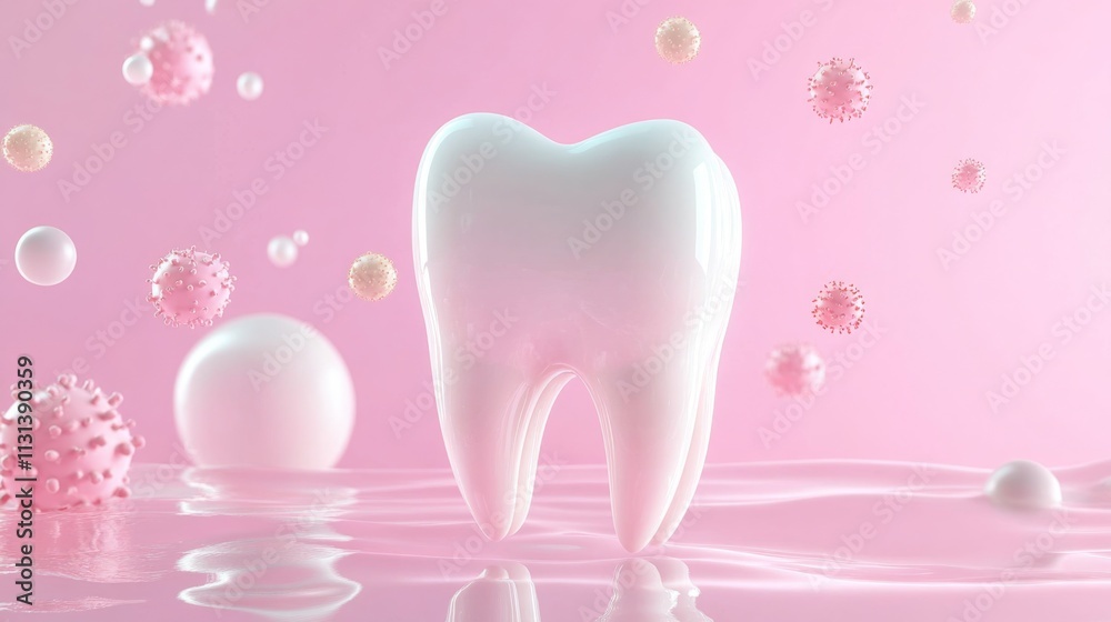 Poster an illustration showcases a large, glossy white tooth surrounded by various microscopic germs and vi