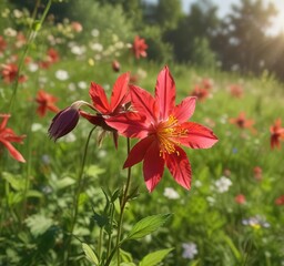 Fototapeta premium A delicate red columbine flower blooms in a sunny meadow, nature scene, meadow landscape