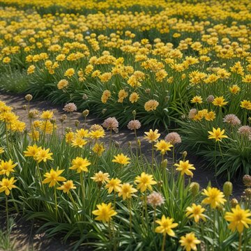 A field of Allium moly with yellow golden lily-like flowers blooming in the sun, spring bloom, allium moly, wild garlic flower