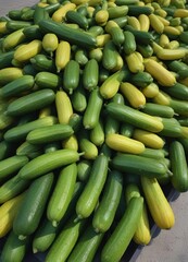 A large number of zucchinis piled high on a concrete patio, outdoor space, fruit, garden