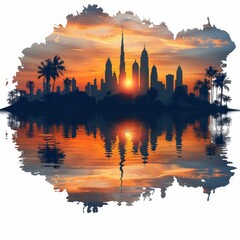 Fototapeta premium Dubai Skyline Sunset Reflection Silhouette