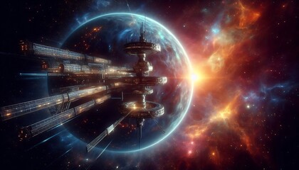 Obraz premium sleek futuristic space station orbiting a vibrant glowing planet surrounded by cosmic dust