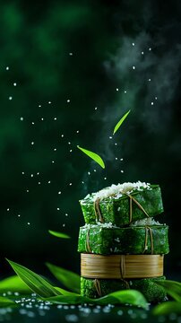 Rustic display of Cambodian nom ansom, bananastuffed sticky rice wrapped in banana leaves, Southeast Asian dessert, festive authenticity