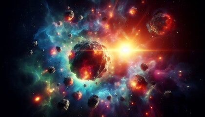 Obraz premium glowing asteroids floating near a radiant cosmic supernova surrounded by swirling colorful light, generative ai
