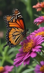 Fototapeta premium a single monarch butterfly resting on top of a vibrant purple zinnia flower head , pollinator, purple flower
