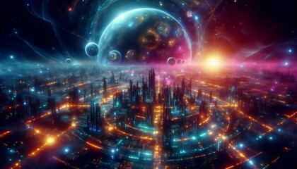 Fototapeta premium futuristic glowing cosmic city illuminated by vibrant neon lights on surface of alien world, generative ai