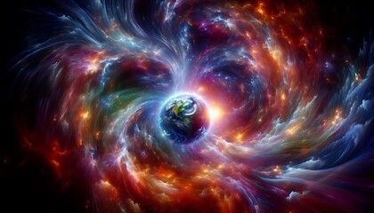 Obraz premium dynamic cosmic storm swirling with glowing vibrant energy across celestial horizon,generative ai