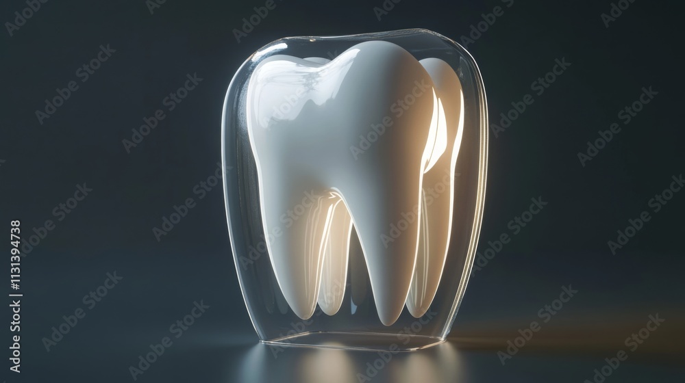 Poster A highly detailed 3D representation of a tooth is encased in a transparent shield, symbolizing the fusion of artificial intelligence and protective measures in dentistry.