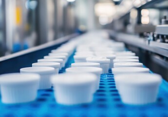 Obraz premium Clean and Modern Conveyor System Transporting White Plastic Containers in a Bright Industrial Facility with Soft Focus Background