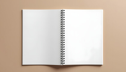 Open blank page notebook mockup with spiral binding for design and branding presentation on a soft background