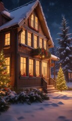 Fototapeta premium A warm glow emanates from the windows of a snow-covered house with festive decorations and a towering Christmas tree , frosty evening atmosphere, holiday lights