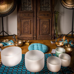 Sound healing therapy with crystal bowls and Yoga meditation uses aspects of music to improve...