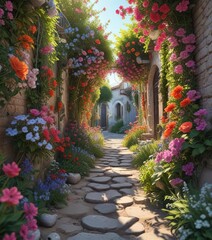 Fototapeta premium a winding path through a flower-filled alleyway along the seashore, natural, ocean view, greenery