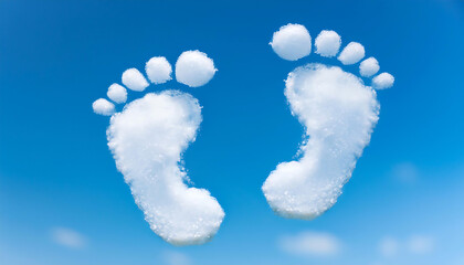 In a bright blue sky, two fluffy clouds shape themselves into adorable baby footprints, creating a whimsical and joyful image that inspires feelings of innocence and awe