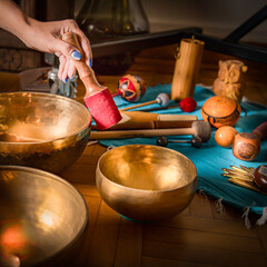 Waman hands in Music or sound healing and meditation practice of using different sounds to improve...
