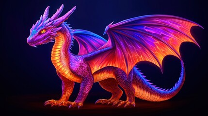 Watercolor texture and vibrancy, A vibrant, mythical dragon with colorful scales and large wings, showcasing a blend of purple and orange hues against a dark background.