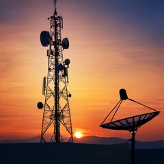Generated image Silhouette of an abstract telecommunication tower Antenna and satellite dish at sunset sky
