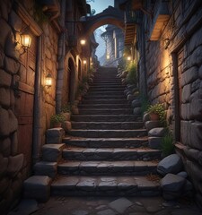 Fototapeta premium Ancient stone staircase leading up to a dimly lit, mysterious destination, dark, overgrown, shadowy