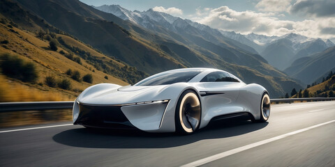Naklejka premium Sleek electric car driving through a mountain road at sunset