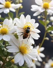 Bee hovering above white beggar tick blossom with yellow center , natural beauty, nectar source
