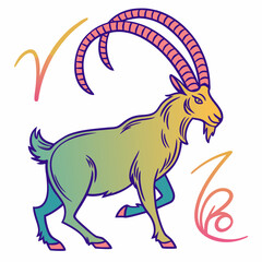 Fototapeta premium Vibrant Capricorn zodiac design featuring colorful body and long spiral horns, perfect for digital products, astrology-themed art, and creative projects.