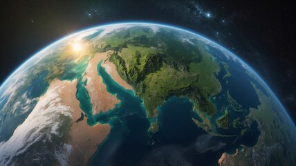 View of Earth from space capturing continents and oceans at sunrise