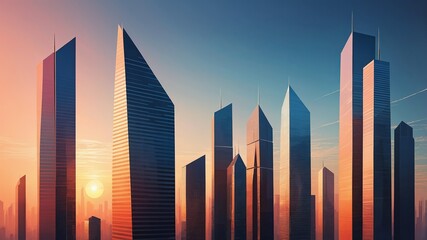 Modern skyscrapers reflect sunset in an urban skyline