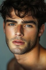 Obraz premium Young man with striking blue eyes and tousled hair poses for a close-up portrait in natural lighting, showcasing a confident expression and youthful charm