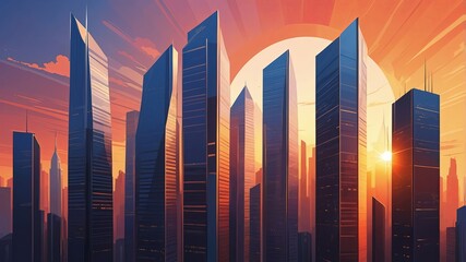 Modern skyline at sunset showing tall buildings and vibrant colors