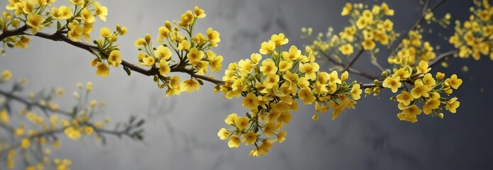 delicate branches with clusters of tiny yellow flowers , deciduous branch, flowering shrub, yellow blooms