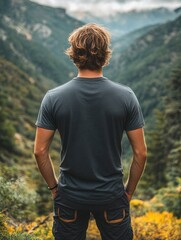 Fototapeta premium Young man stands in a natural landscape contemplating the majestic mountains and valleys during a cloudy day in the wilderness