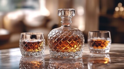Crystal decanter, two glasses, amber liquid.