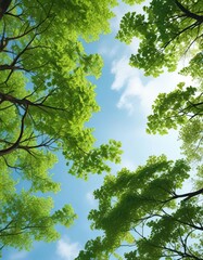 Fototapeta premium Dense branch of green ginkgo leaves stretching towards the sky with vibrant colors and unique shapes, trees, greenery