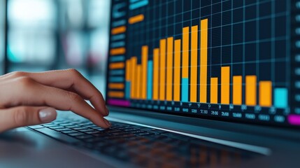 A person analyzes data on a laptop, showcasing colorful bar graphs that represent statistical information.