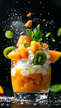 Vietnamese che trai cay, fruit cocktail dessert with coconut milk, served in a clear glass, Southeast Asian dessert, tropical and vibrant