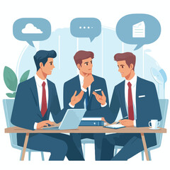 Obraz premium Partners meeting for business discussion with documents and laptop on desk. Couple at round table, speaking, discussing work, partnership. Flat vector on a white background