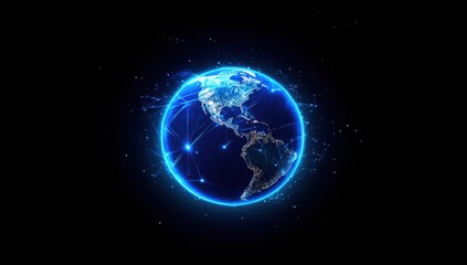 Fototapeta premium A blue digital globe with glowing connections, representing a global network and connectivity against a dark background A softly blurred background of the Earth in space Generative AI