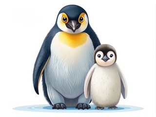 Obraz premium Charming vector illustration of an emperor penguin with its chick on a white background, perfect for wildlife enthusiasts and educational purposes. Adorable and heartwarming design.